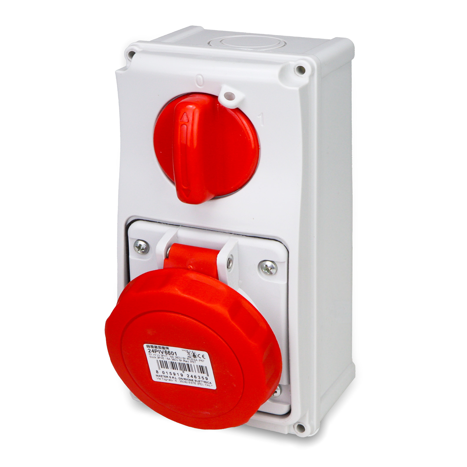 Prise 3P+T 16A 380V 6h Rouge IP67 c.box