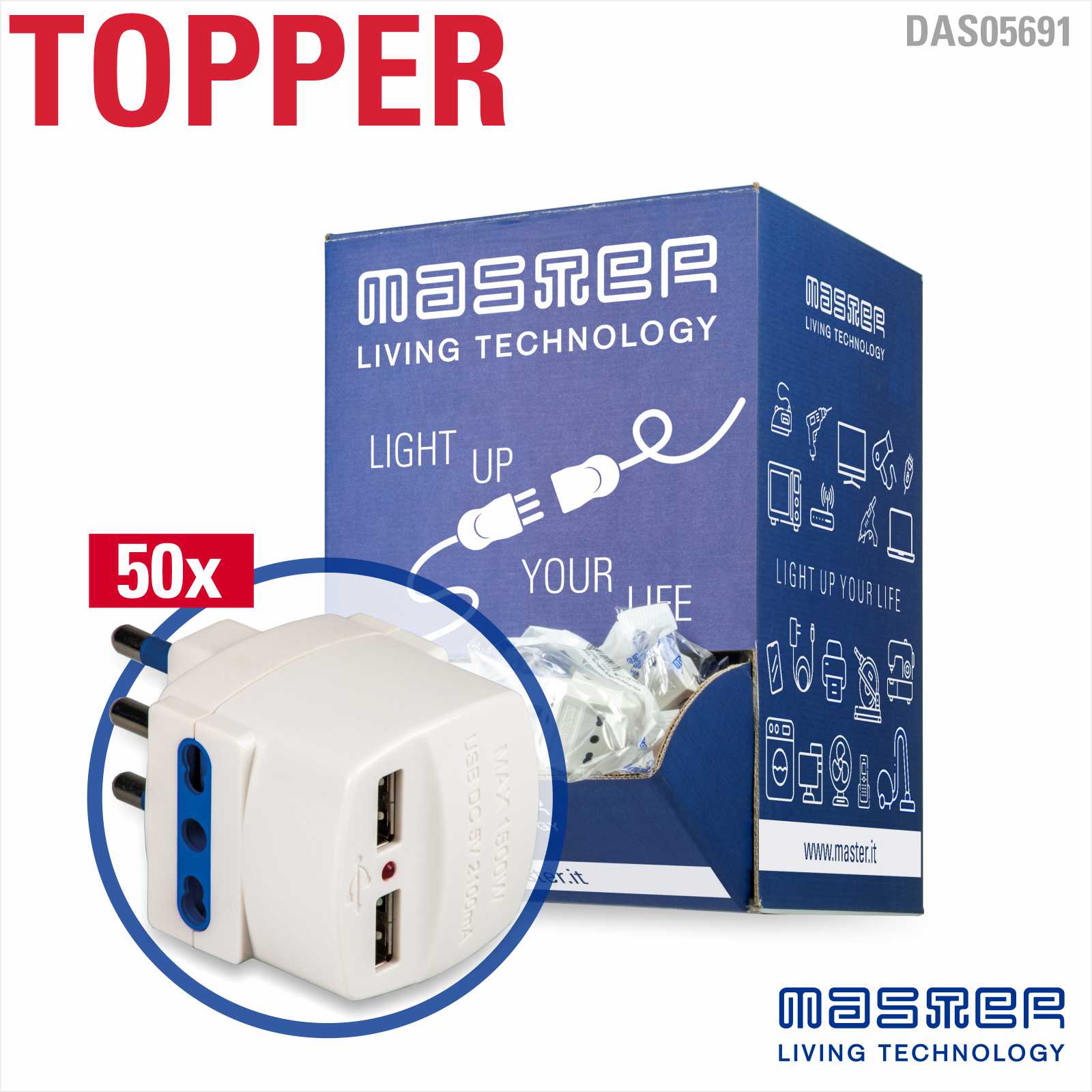 16A 2P+E adaptor w. 2 USB, White